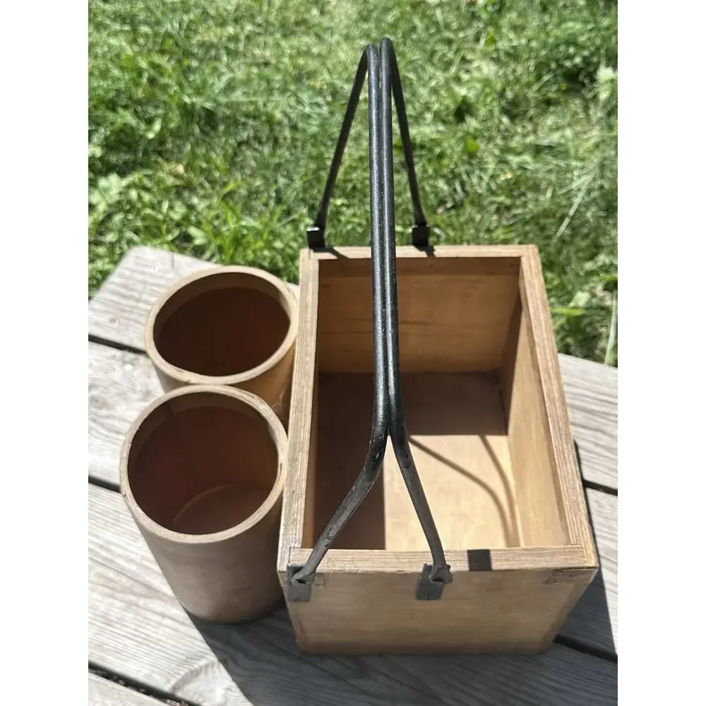 Vintage Wooden Picnic Basket With Cupholders Hand Painted Grapes Metal Handle
